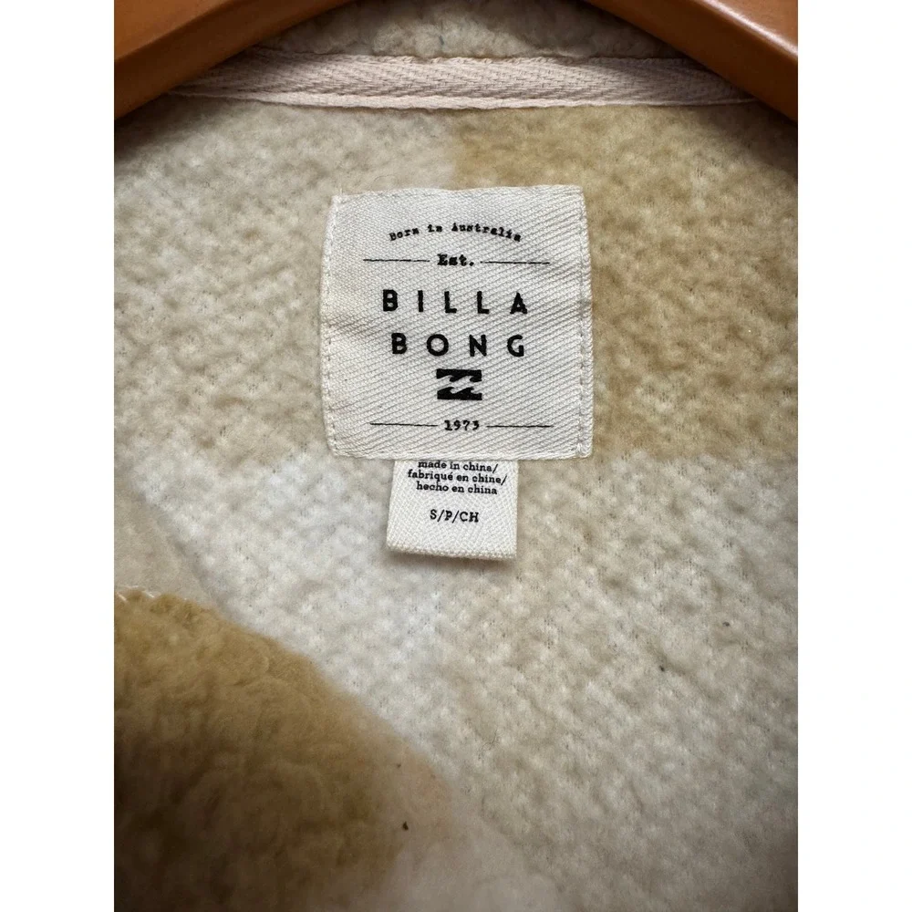 Billabong Cream Olive Plaid Sherpa Fleece Shacket Jacket Button Women's Small - Picture 7 of 9